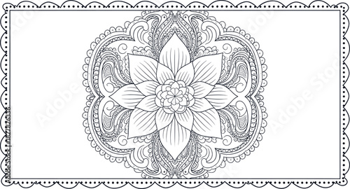 Intricate black and white floral mandala design with a decorative border, perfect for creative projects