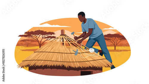 African Man repairing simple home using basic tools. Ideal for resilience, survival, rebuilding, and community support themes