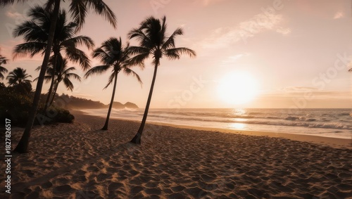 Fototapeta Naklejka Na Ścianę i Meble -  Golden hour at a beach with palm trees silhouetted against a warm, setting sun