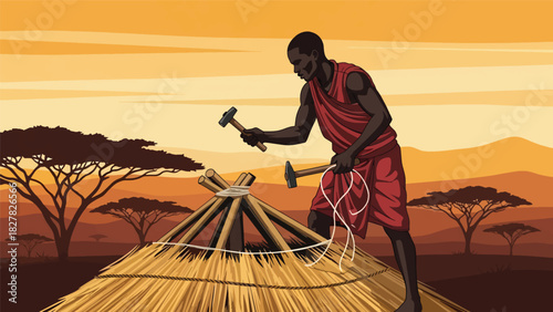 African Man repairing simple home using basic tools. Ideal for resilience, survival, rebuilding, and community support themes
