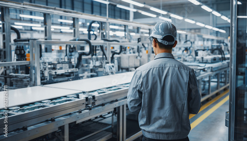 工場ラインを監視する日本人作業員の後ろ姿セット（設備点検・製造業）