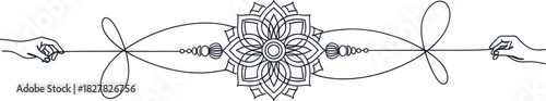 Line art of hands tying a decorative rakhi thread with an intricate mandala design, symbolizing protection and bond, white