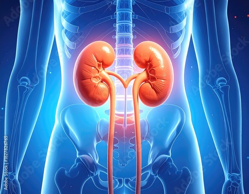 Human kidneys highlighted.  X-ray, anatomical display