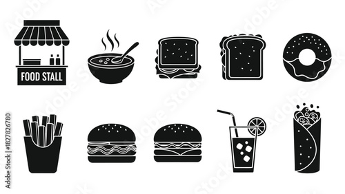 Black and white food icons representing street food and fast food