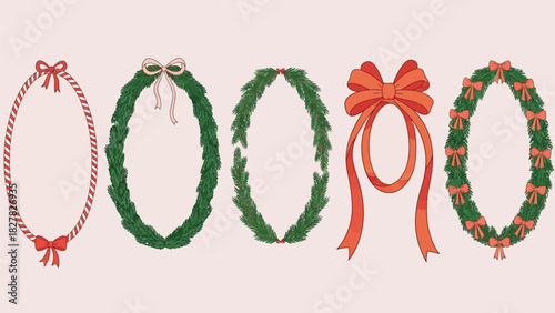Collection of festive christmas wreaths with bows for holiday decorations