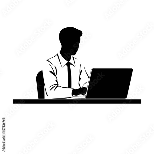 Silhouette of a professional man in a shirt and tie working on a laptop at a desk.