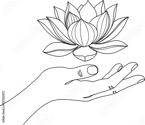 A delicate hand gently holding a beautiful lotus flower, symbolizing peace, purity, and spiritual growth