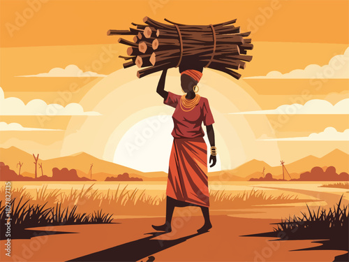African person carrying firewood for household use. Suitable for everyday living, responsibility, and real-life resilience scenes