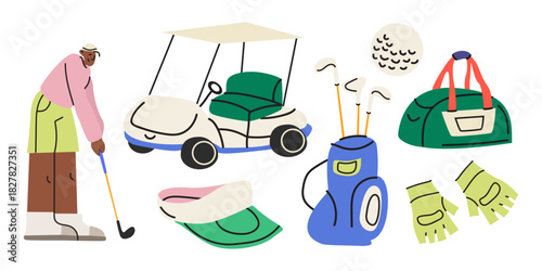 Golf stickers set in cartoon doodle style. Sports equipment, golfer character, golf ball, golf car, club, hole. Hand drawn golf vector illustration isolated