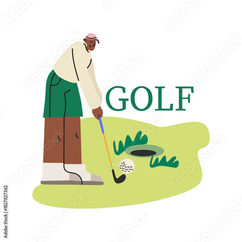 Golf club cartoon logo. Golfer, golf club, field, hole and text. Competitions, active lifestyle, recreation and sports. Golf championship flat vector illustration