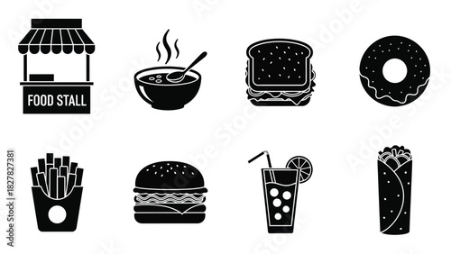 Diverse fast food icons in black and white grunge style