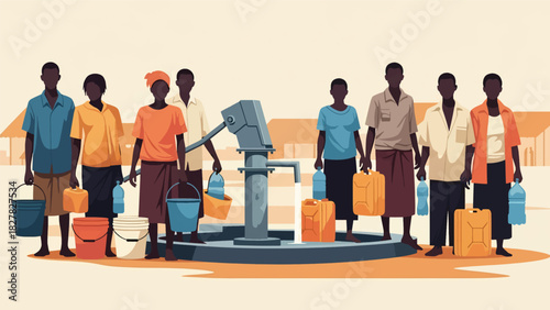 African People queued with containers at shared water point. Ideal for NGO, humanitarian resource access, and global equity themes