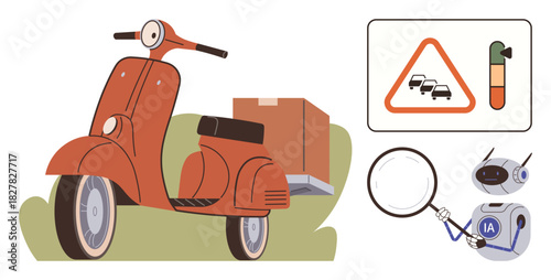 Vintage-style scooter carrying a parcel, traffic congestion sign, AI-driven robot analyzing data with a magnifying glass. Ideal for logistics, AI innovation, transportation, sustainability, analysis