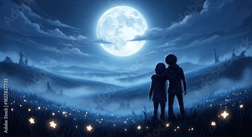 Couple embracing under a magical giant full moon at night