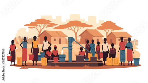 African People queued with containers at shared water point. Ideal for NGO, humanitarian resource access, and global equity themes