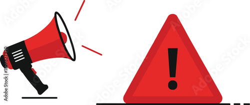 Flat design vector graphic of a red megaphone next to a large triangular caution sign with an exclamation mark.