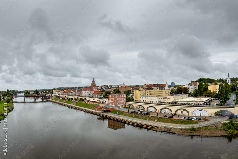 Obraz premium drone view of Gorzow Wielkopolski city center and the Warta River in eastern Poland