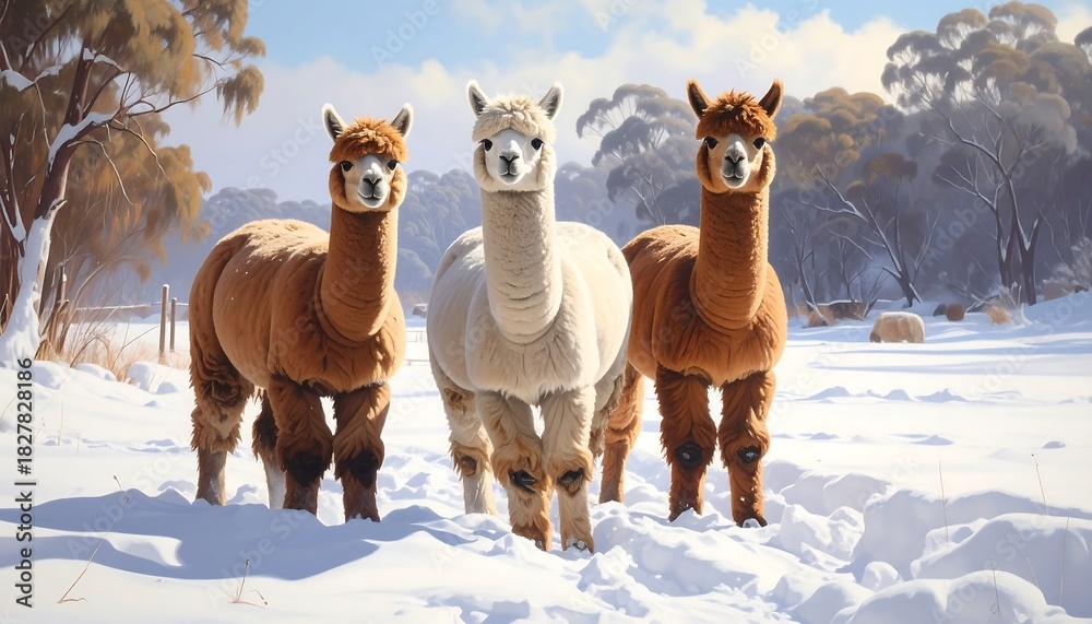 Naklejka premium Three fluffy camelids of varying colors stand proudly in a snowy landscape. The winter scene includes trees and a clear, blue sky
