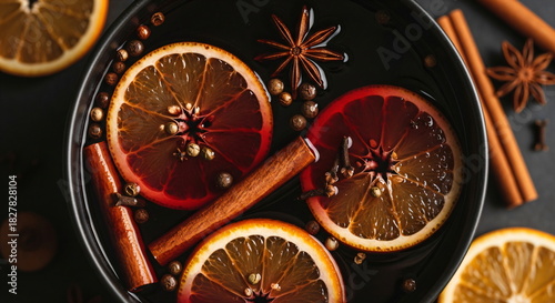 Mulled wine with apple slice and star anise spice. Warm drink for Christmas or winter holiday season. Festive beverage background.