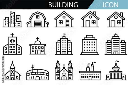 Urban Architectural Icons: a collection of diverse building designs. This image presents an array of building icons, representing different architectural styles.