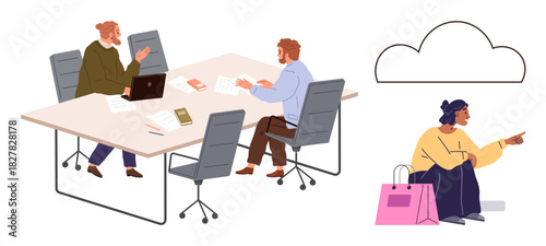 Two colleagues discuss work at a table with laptops and documents, while a woman with shopping bags sits pointing. Ideal for collaboration, teamwork, remote work, urban lifestyle, decision-making