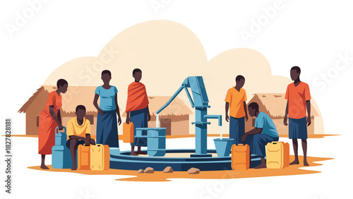 African People queued with containers at shared water point. Ideal for NGO, humanitarian resource access, and global equity themes