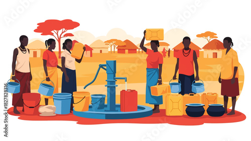 African People queued with containers at shared water point. Ideal for NGO, humanitarian resource access, and global equity themes