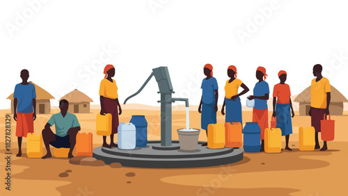 African People queued with containers at shared water point. Ideal for NGO, humanitarian resource access, and global equity themes