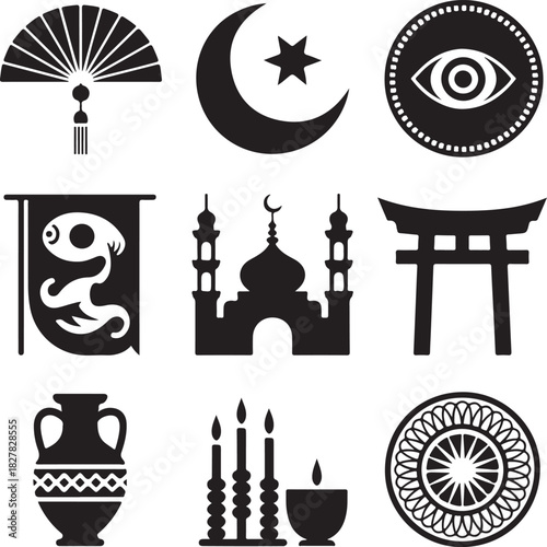 Cultural symbols and icons from different traditions and religions vector image