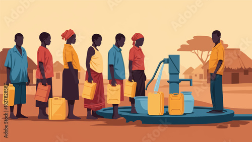 African People queued with containers at shared water point. Ideal for NGO, humanitarian resource access, and global equity themes