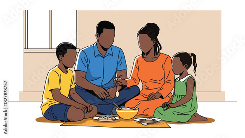 African Family gathered sharing simple food together. Suitable for unity, gratitude, resilience, and humanity themes