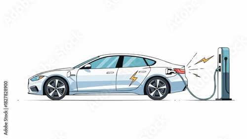 A white electric car is charging at a charging station with lightning bolt on the side of the car