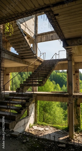 Dilapidated concrete staircase ascends through an abandoned structure amidst lush greenery.