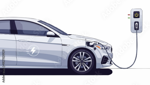 A white electric car is plugged into a charging station with a power button and indicator lights nearby