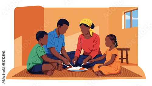 African Family gathered sharing simple food together. Suitable for unity, gratitude, resilience, and humanity themes