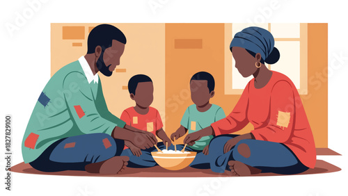 African Family gathered sharing simple food together. Suitable for unity, gratitude, resilience, and humanity themes