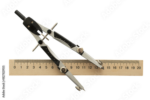 Compass and wooden measuring ruler isolated