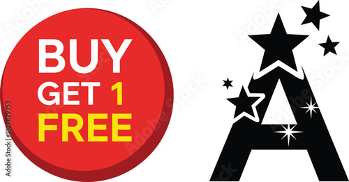Red vector promotional badge reading "BUY GET 1 FREE" and a black capital letter A decorated with sparkling stars, for retail offers.
