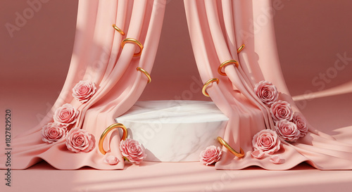 pink 3d background with cloth podium display with nature pink rose