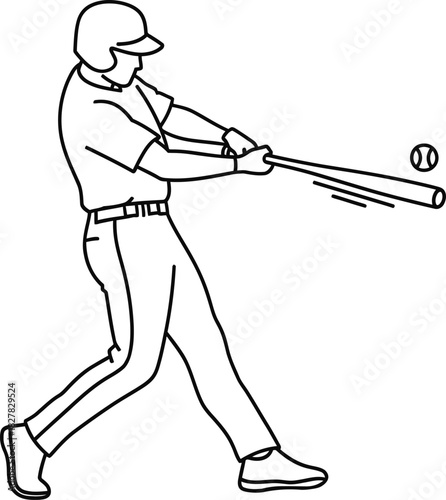 Dynamic line art illustration capturing a baseball player in a powerful mid-swing, expertly connecting with the ball during an exciting game, ideal for sports, recreation, and athletic-themed designs