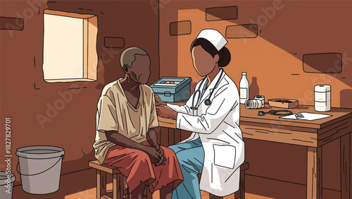 Health worker providing medical care in African small clinic. Suitable for humanitarian work, health access, and community support themes