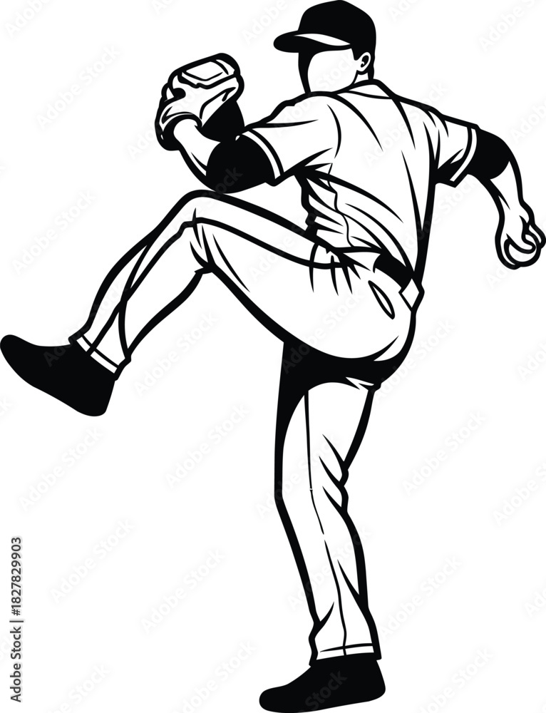 Fototapeta premium Isolated black and white illustration of a baseball pitcher in the middle of a windup motion before throwing the ball