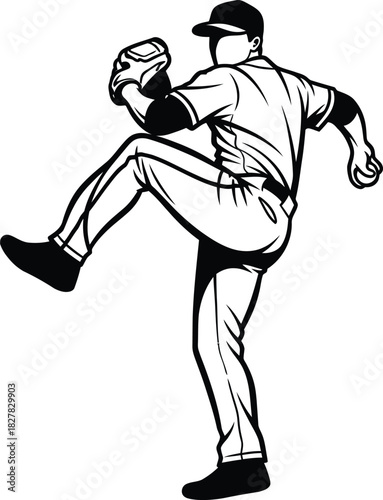 Isolated black and white illustration of a baseball pitcher in the middle of a windup motion before throwing the ball