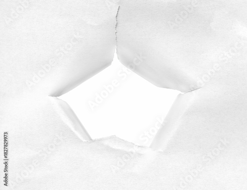 Ragged hole in paper with torn edges facing inwards on  transparent background.