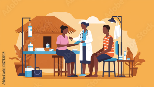 Health worker providing medical care in African small clinic. Suitable for humanitarian work, health access, and community support themes