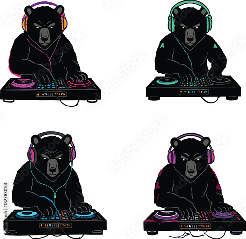 Cartoon bear silhouettes wearing headphones mixing music on DJ turntables in dynamic poses, playful animal nightlife artwork vector illustration set