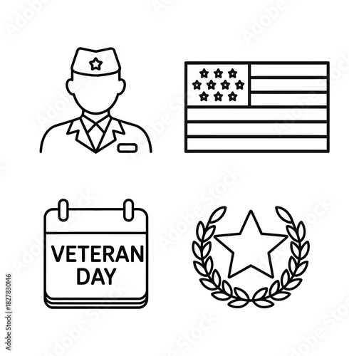 Honoring Veterans: A collection of symbols representing the valor and sacrifice of veterans, including the American flag, a service member, a Veteran's Day calendar, and a wreath.