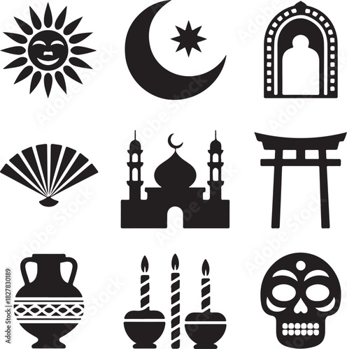 Diverse Cultural and Religious Symbols Representing Global Traditions Black and White