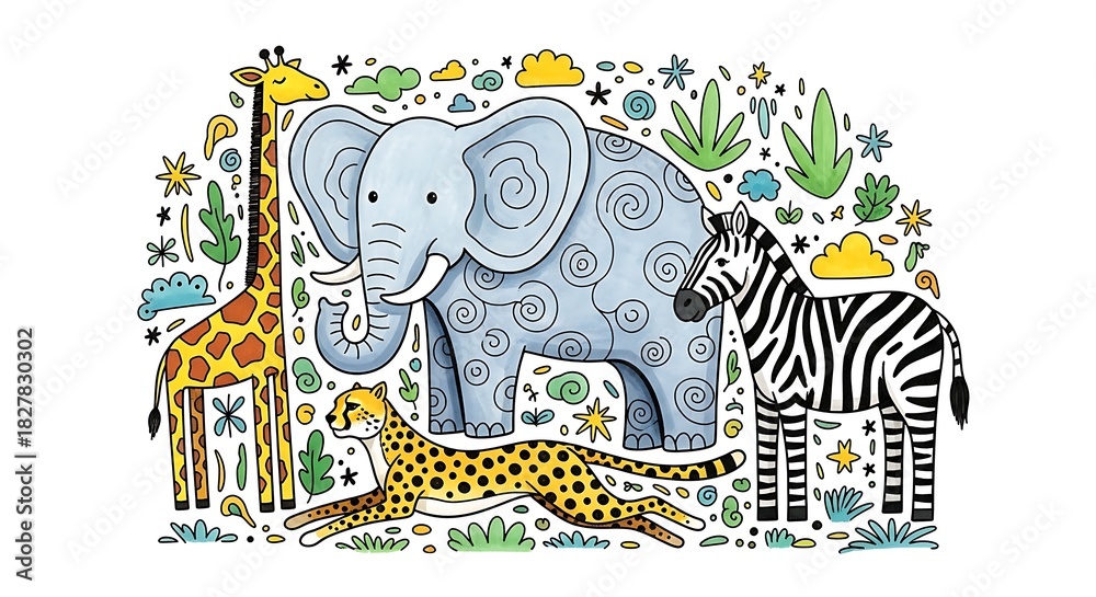 Naklejka premium Whimsical cartoon safari animals illustration with a happy giraffe, elephant, zebra, and cheetah, surrounded by playful jungle elements and stars.
