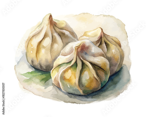 Watercolor Dumplings Jiaozi  isolated on white background